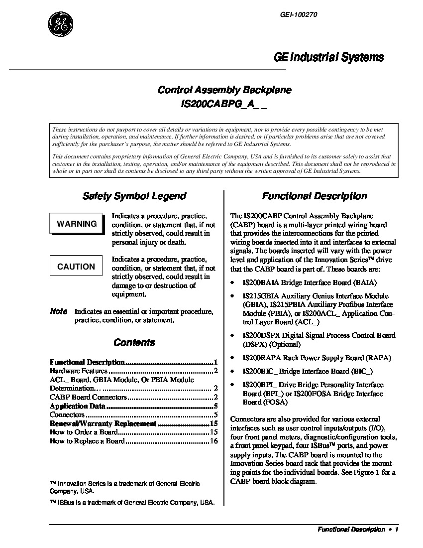 First Page Image of IS200CABPG!A Control Assembly Backplane Manual GEI-100270.pdf